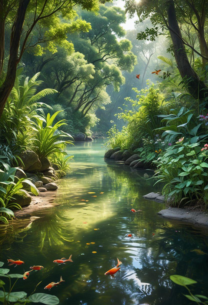 A tranquil river winding through lush, green landscapes, with vibrant flora on both banks and fish swimming in crystal-clear water. Sunlight filters through the canopy, creating dappled light effects on the surface. In the background, a diverse ecosystem is thriving with birds and small animals amid flowering plants. Include gentle ripples on the water to emphasize the flowing nature. super-realistic. vibrant colors. tranquil atmosphere.
