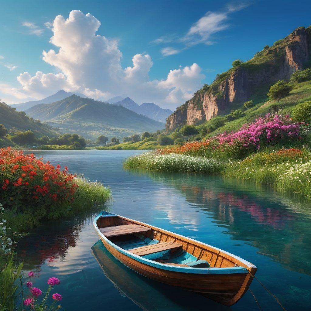 A serene and picturesque landscape featuring the shimmering waterways of Rivaa, surrounded by lush greenery and colorful wildflowers. Include gentle waves reflecting the clear blue sky with fluffy white clouds, and a small wooden boat gently drifting. In the background, majestic hills rise, enhancing the beauty of the scene. The atmosphere should evoke a sense of tranquility and adventure. super-realistic. vibrant colors. 3D.