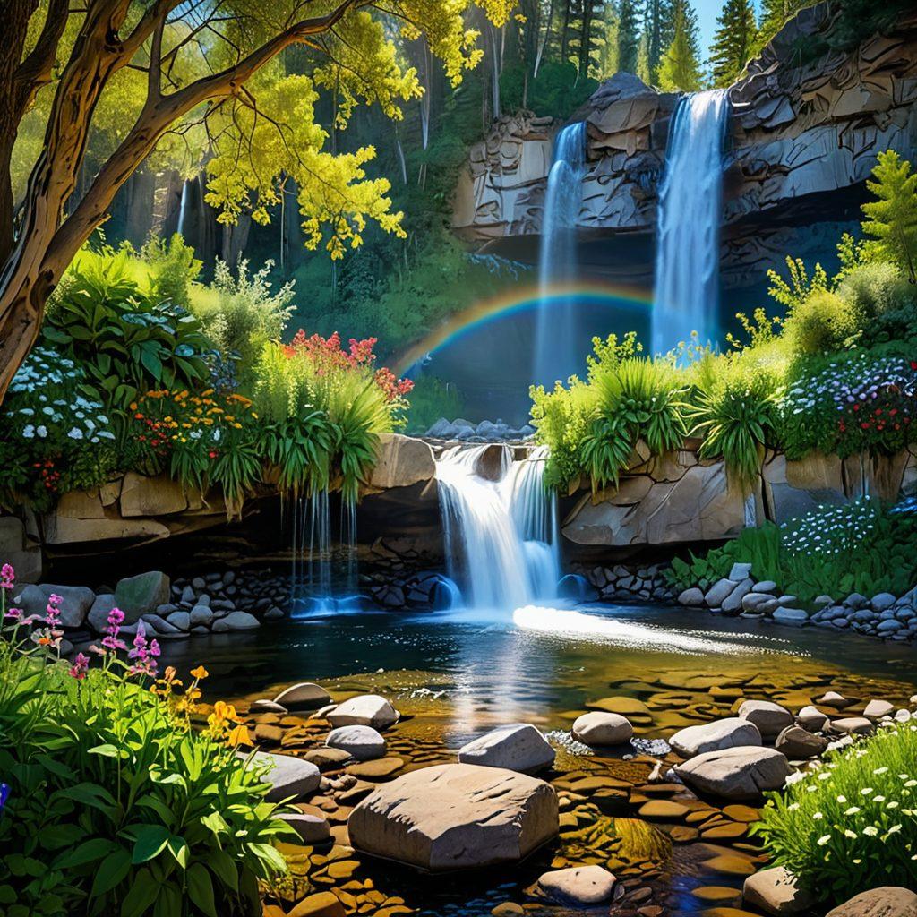 A serene landscape showcasing a majestic cascade flowing into a crystal-clear creek, surrounded by lush greenery and vibrant wildflowers. In the foreground, a rainbow over the waterfall adds a touch of magic, while tiny hidden gems and treasures peek through the water's edge. The scene is illuminated by golden sunlight filtering through the trees, inviting adventure and exploration. super-realistic. vibrant colors. nature-inspired.